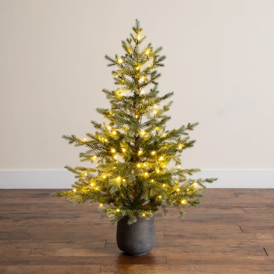 Nearly Natural 4ft. Pre-Lit Artificial Christmas Tree in Gray Ceramic Planter